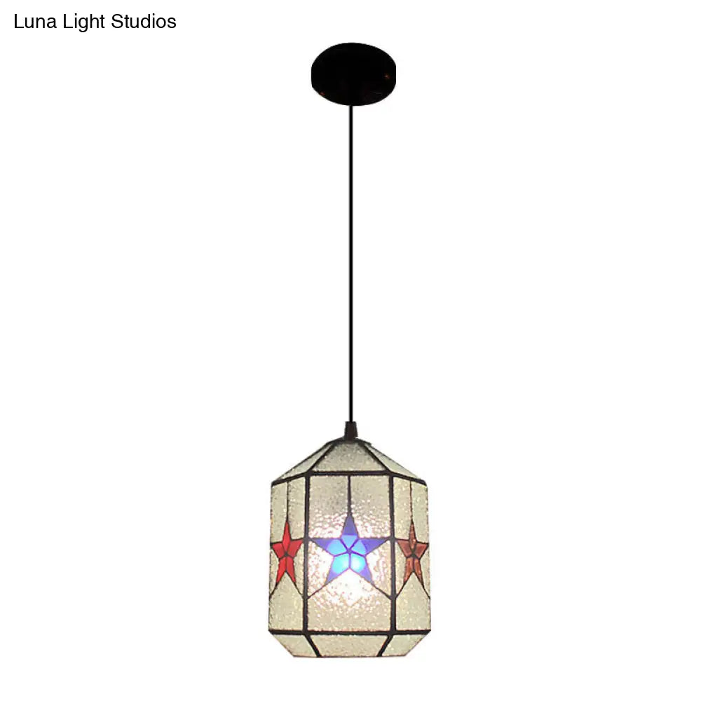 Stylish Star Design Pendant Ceiling Light - White/Clear Tiffany Art Glass, Stainless, 1-Light