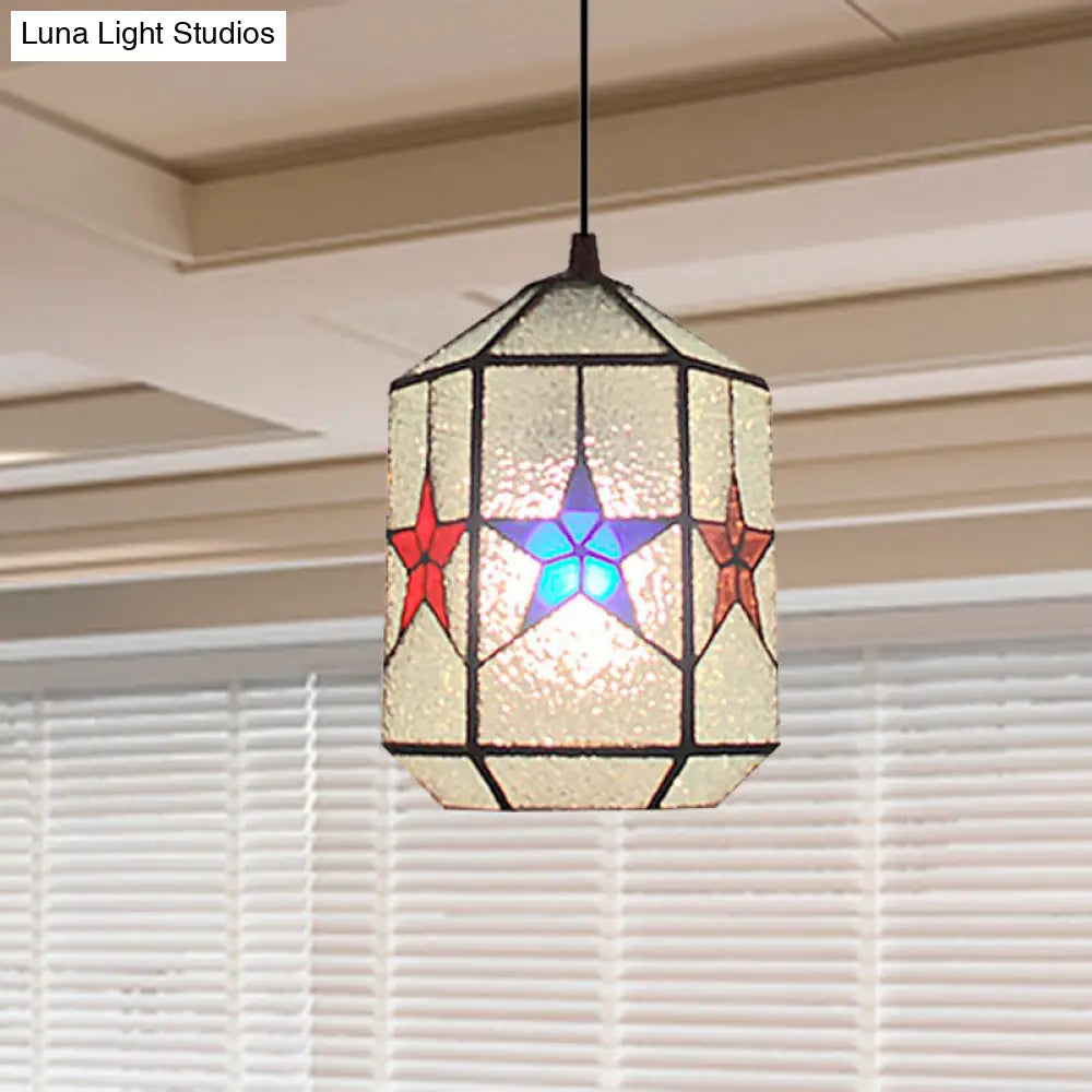 Stylish Star Design Pendant Ceiling Light - White/Clear Tiffany Art Glass, Stainless, 1-Light