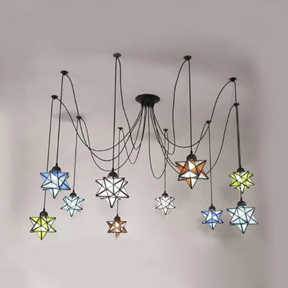 Stylish Swag Multi-Light Pendant Lighting: Black Stained Glass Star Shade Hanging Ceiling Light