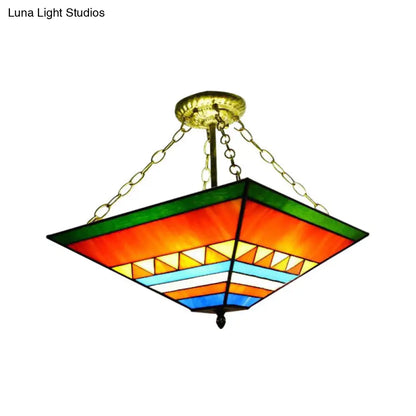 Stylish Tiffany Semi Flush Mount Light with Stained Glass Shade in Orange/Yellow