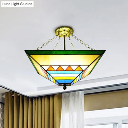 Stylish Tiffany Semi Flush Mount Light with Stained Glass Shade in Orange/Yellow