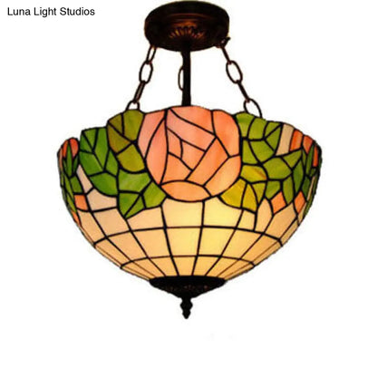 Stylish Tiffany-Style Bowl Pendant Lighting with 3 Lights - Pink and Green Glass, Rose Pattern