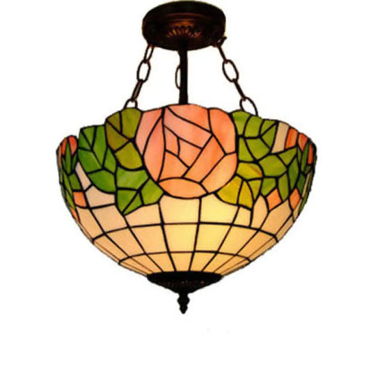 Stylish Tiffany-Style Bowl Pendant Lighting with 3 Lights - Pink and Green Glass, Rose Pattern