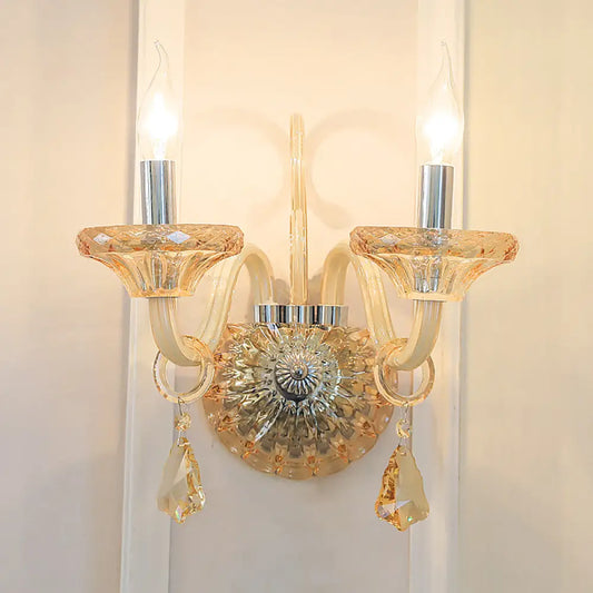 DecorBites™ DecorBites™ Stylish Vintage Amber Crystal Wall Sconce - 2 Head Chrome Finish Lighting for Corridor
