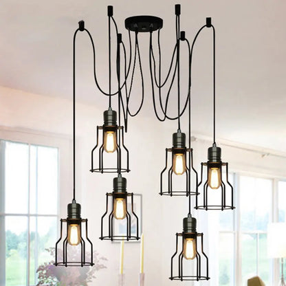 Stylish Vintage Metal Swag Pendant Lamp with Wire Guard - Black