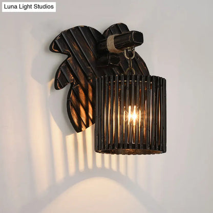 DecorBites™ DecorBites™ Stylishly Modern Black Cylindrical Wall Light with Bamboo Lamp and Wooden Leaf Backplate