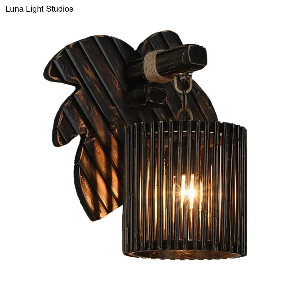 DecorBites™ DecorBites™ Stylishly Modern Black Cylindrical Wall Light with Bamboo Lamp and Wooden Leaf Backplate