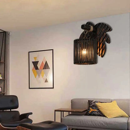 DecorBites™ DecorBites™ Stylishly Modern Black Cylindrical Wall Light with Bamboo Lamp and Wooden Leaf Backplate