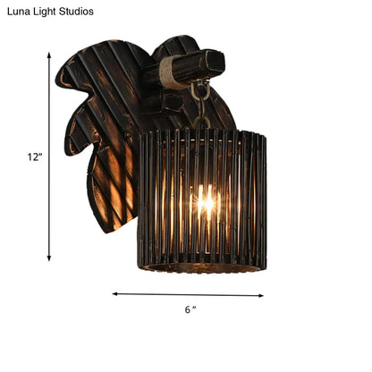 DecorBites™ DecorBites™ Stylishly Modern Black Cylindrical Wall Light with Bamboo Lamp and Wooden Leaf Backplate