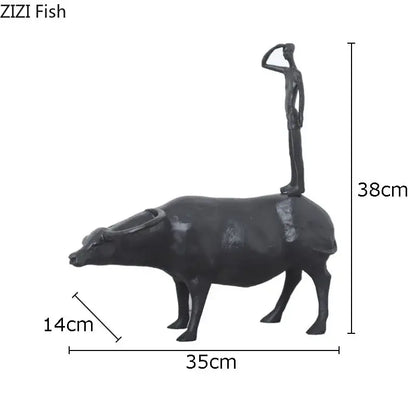 Stylized black matte metal cowherd shepherd figurine featuring a shepherd boy resin figure saluting for living room decorbites decor