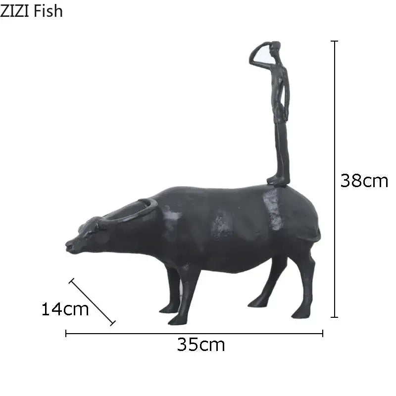 Stylized black matte metal cowherd shepherd figurine featuring a shepherd boy resin figure saluting for living room decorbites decor