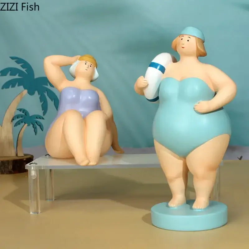Stylized lavender and blue beach swimsuit resin sculpture desk ornament featuring two women figurines for decoration