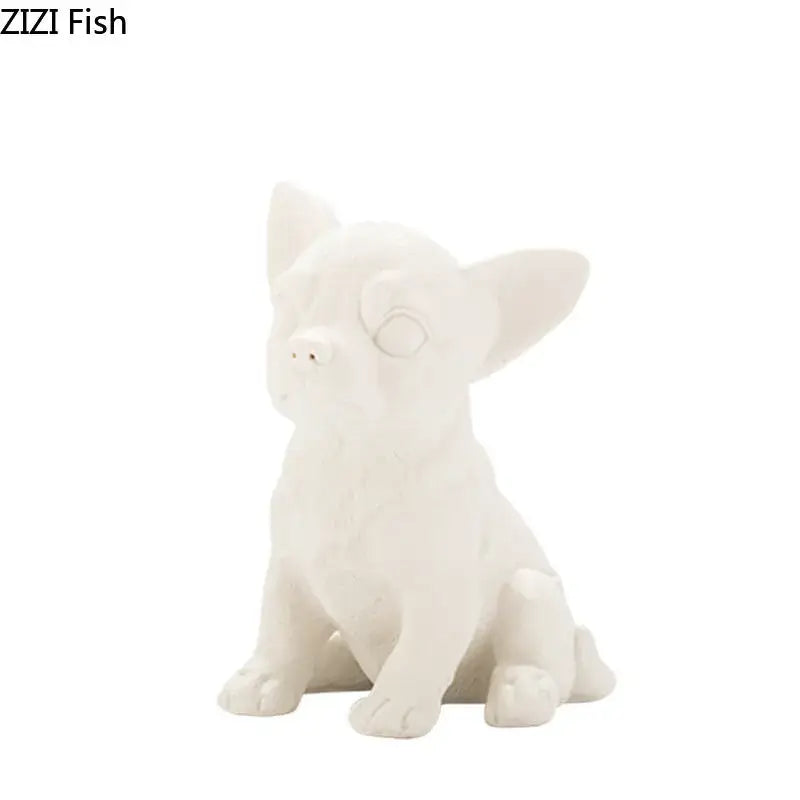 Stylized white matte ceramic sculpture of a miniature chihuahua figurine with pointed ears for living room decor