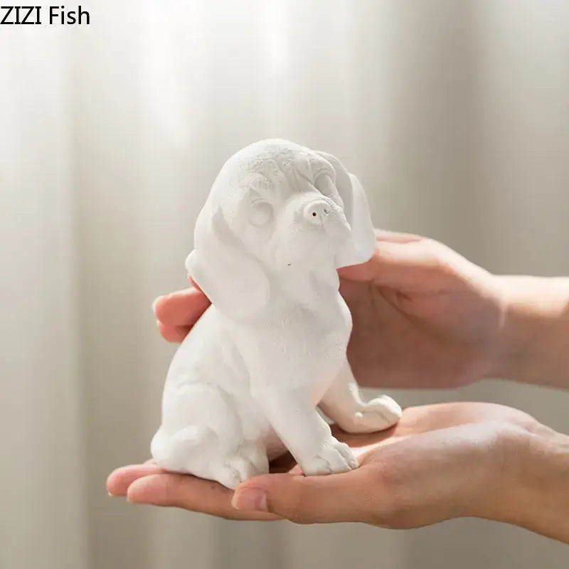 White ceramic sculpture of a sitting beagle miniature figurine with detailed features for living room decor