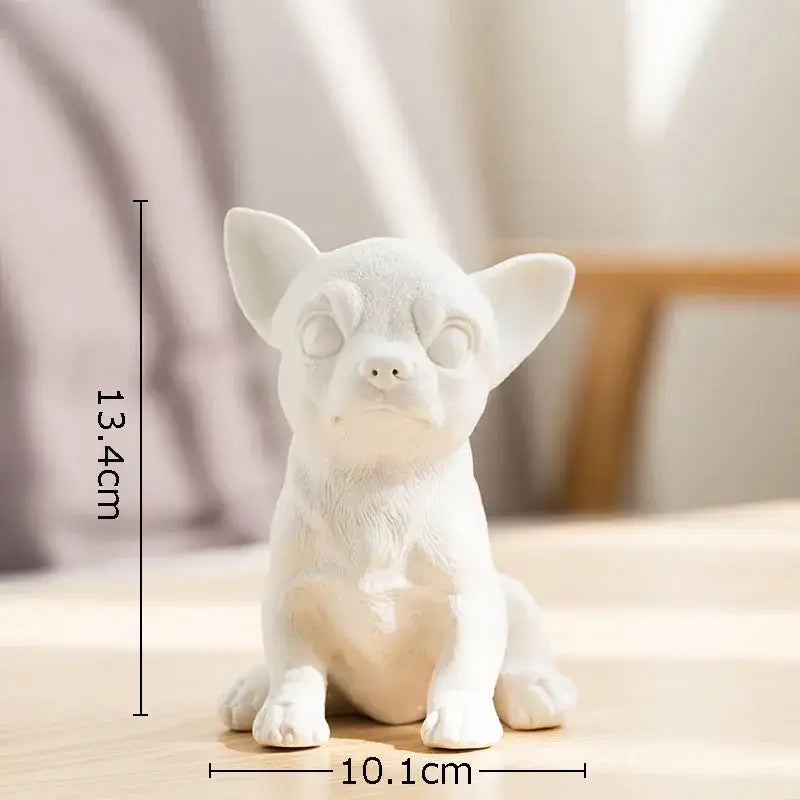 Stylized white matte french bulldog ceramic sculpture with detailed textured fur miniature figurine for living room decor