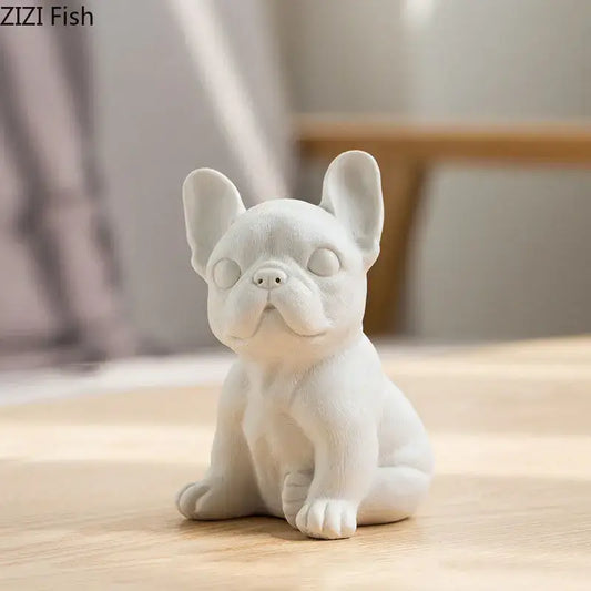 Stylized white matte french bulldog ceramic sculpture with smooth finish miniature figurine for living room decor