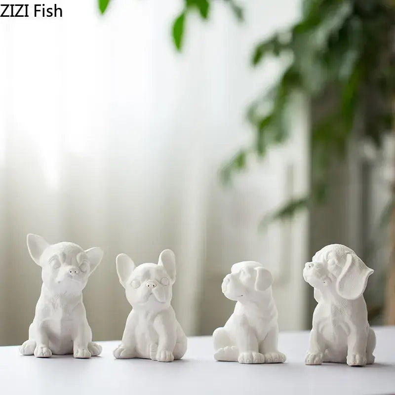 Stylized white matte french bulldog ceramic sculpture and miniature figurines of four dog breeds with distinct features