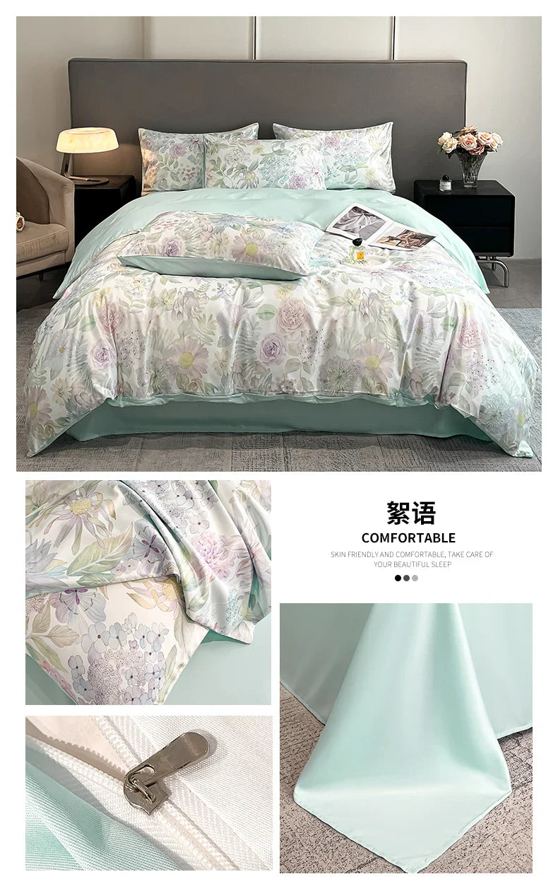 Summer Floral Satin Silk Duvet Cover Set