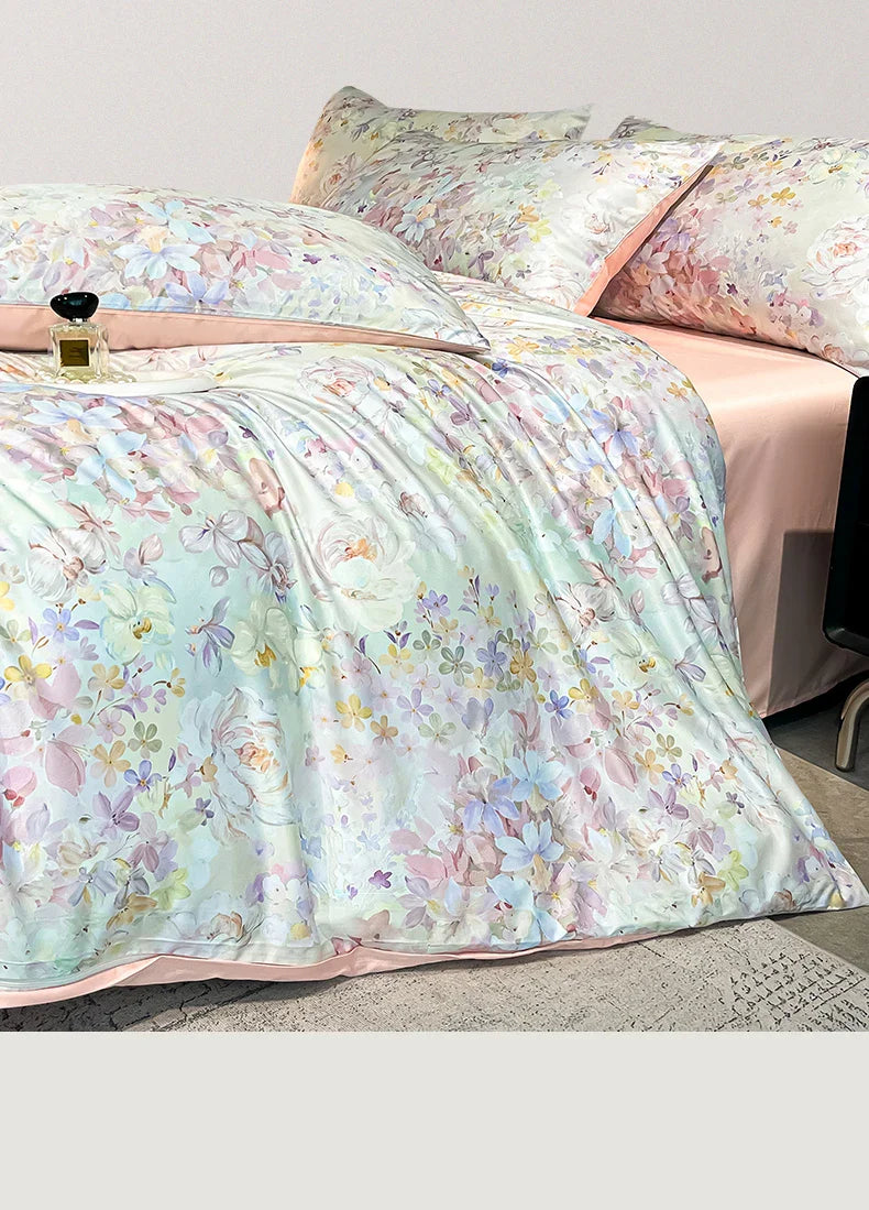 Summer Floral Satin Silk Duvet Cover Set
