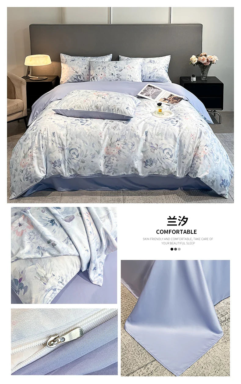 Summer Floral Satin Silk Duvet Cover Set