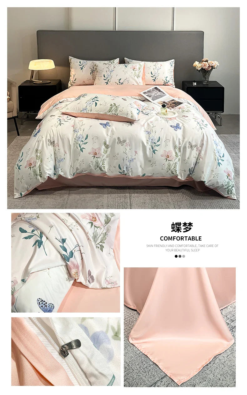 Summer Floral Satin Silk Duvet Cover Set