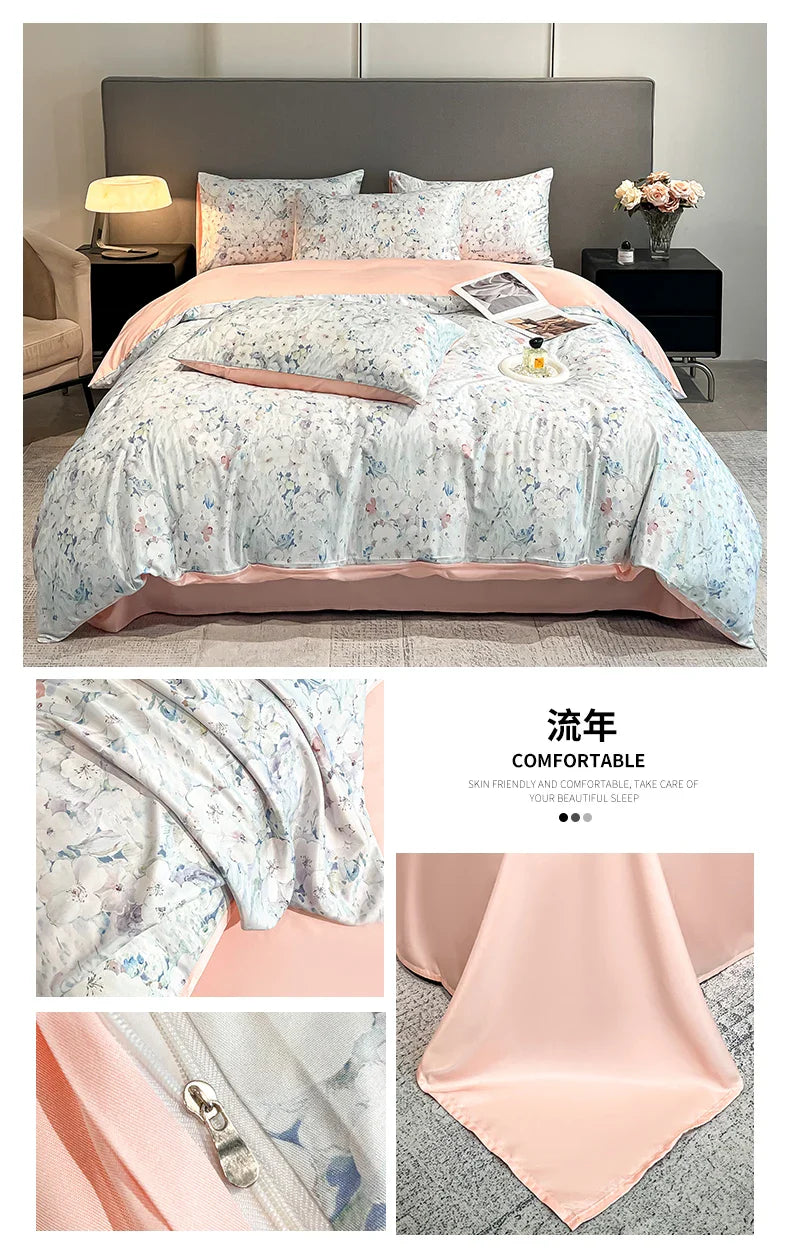 Summer Floral Satin Silk Duvet Cover Set