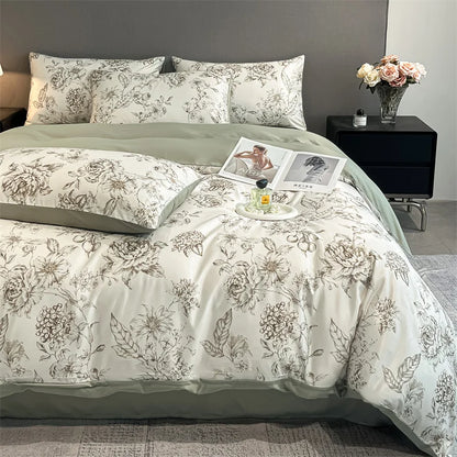 Summer Floral Satin Silk Duvet Cover Set - qingyan / King 3pcs