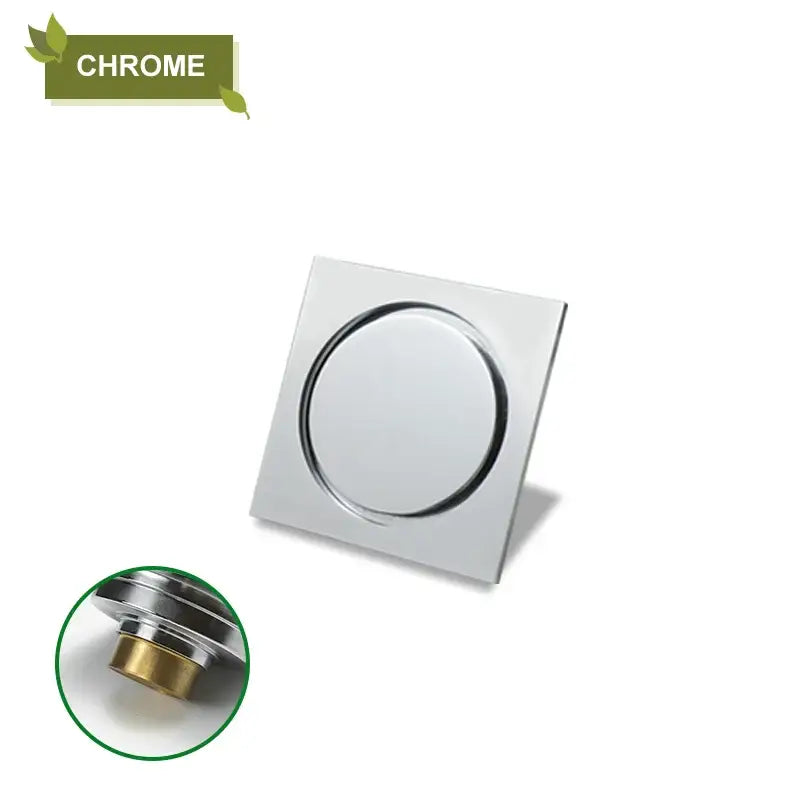 Sunburst brass square shower floor drain with chrome finish and central circular opening for kitchen and bathroom use
