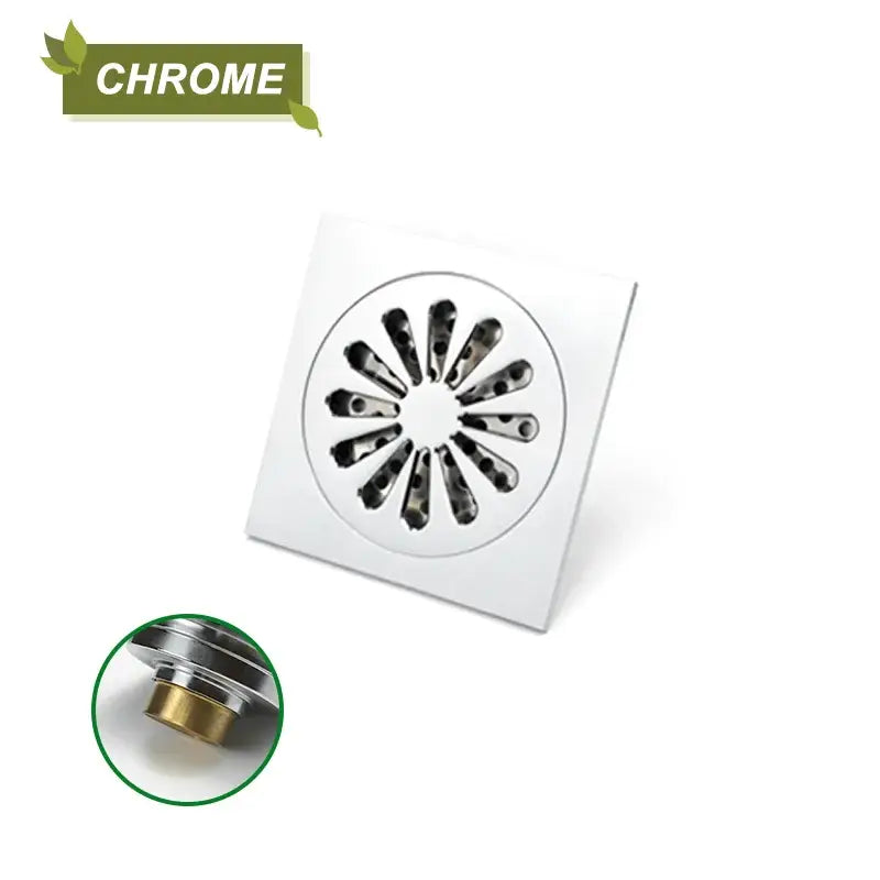 Sunburst brass square shower floor drain with chrome finish and circular radiating leaf design for kitchen and bathroom decorbites brass square