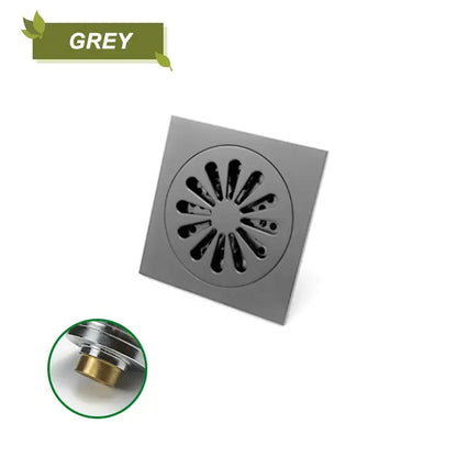 Grey brass square shower floor drain with sunburst design radial slots polished metallic finish for kitchen and bathroom use