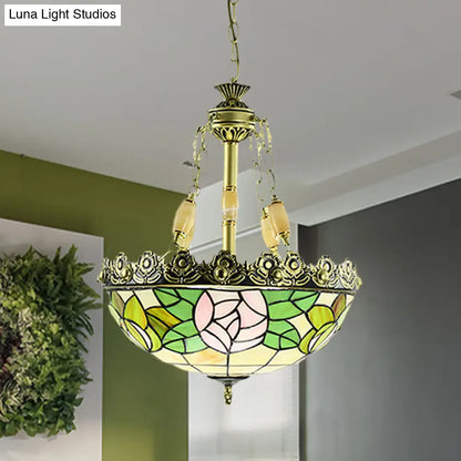 Sunflower/Rose Chandelier Pendant Light Kit - Stained Art Glass, 3/4 Lights, Red/Green - Bedroom Lighting
