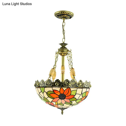 Sunflower/Rose Chandelier Pendant Light Kit - Stained Art Glass, 3/4 Lights, Red/Green - Bedroom Lighting