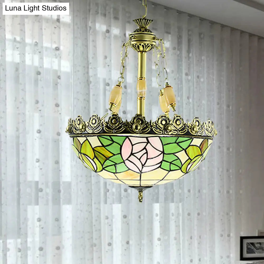 Sunflower/Rose Chandelier Pendant Light Kit - Stained Art Glass, 3/4 Lights, Red/Green - Bedroom Lighting