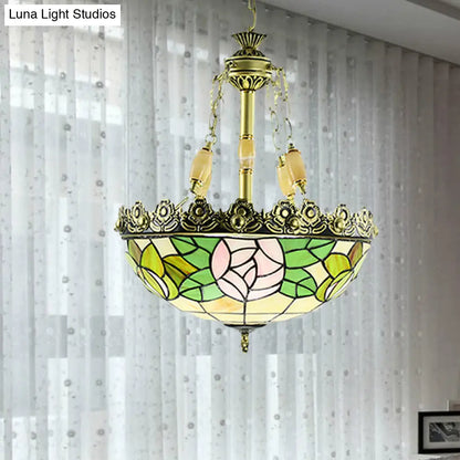 Sunflower/Rose Chandelier Pendant Light Kit - Stained Art Glass, 3/4 Lights, Red/Green - Bedroom Lighting