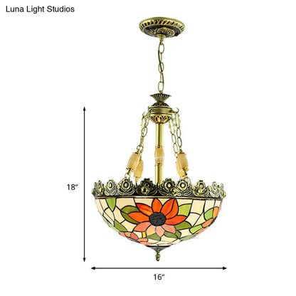 Sunflower/Rose Chandelier Pendant Light Kit - Stained Art Glass, 3/4 Lights, Red/Green - Bedroom Lighting