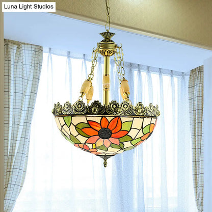Sunflower/Rose Chandelier Pendant Light Kit - Stained Art Glass, 3/4 Lights, Red/Green - Bedroom Lighting