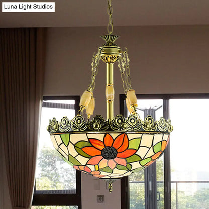 Sunflower/Rose Chandelier Pendant Light Kit - Stained Art Glass, 3/4 Lights, Red/Green - Bedroom Lighting