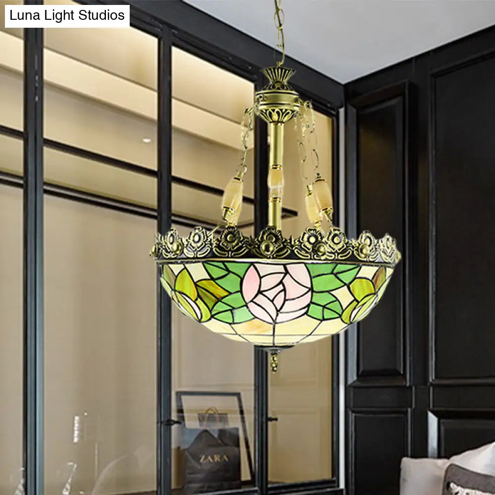Sunflower/Rose Chandelier Pendant Light Kit - Stained Art Glass, 3/4 Lights, Red/Green - Bedroom Lighting