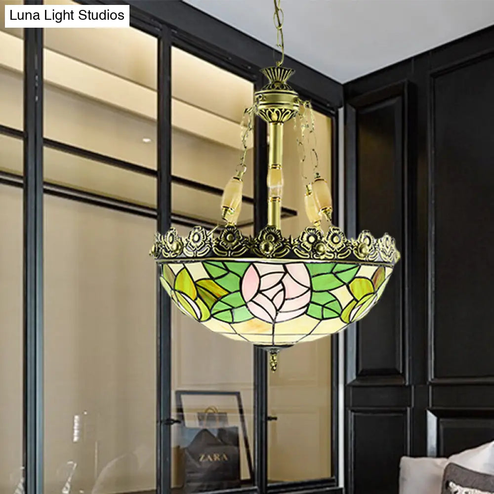 Sunflower/Rose Chandelier Pendant Light Kit - Stained Art Glass, 3/4 Lights, Red/Green - Bedroom Lighting