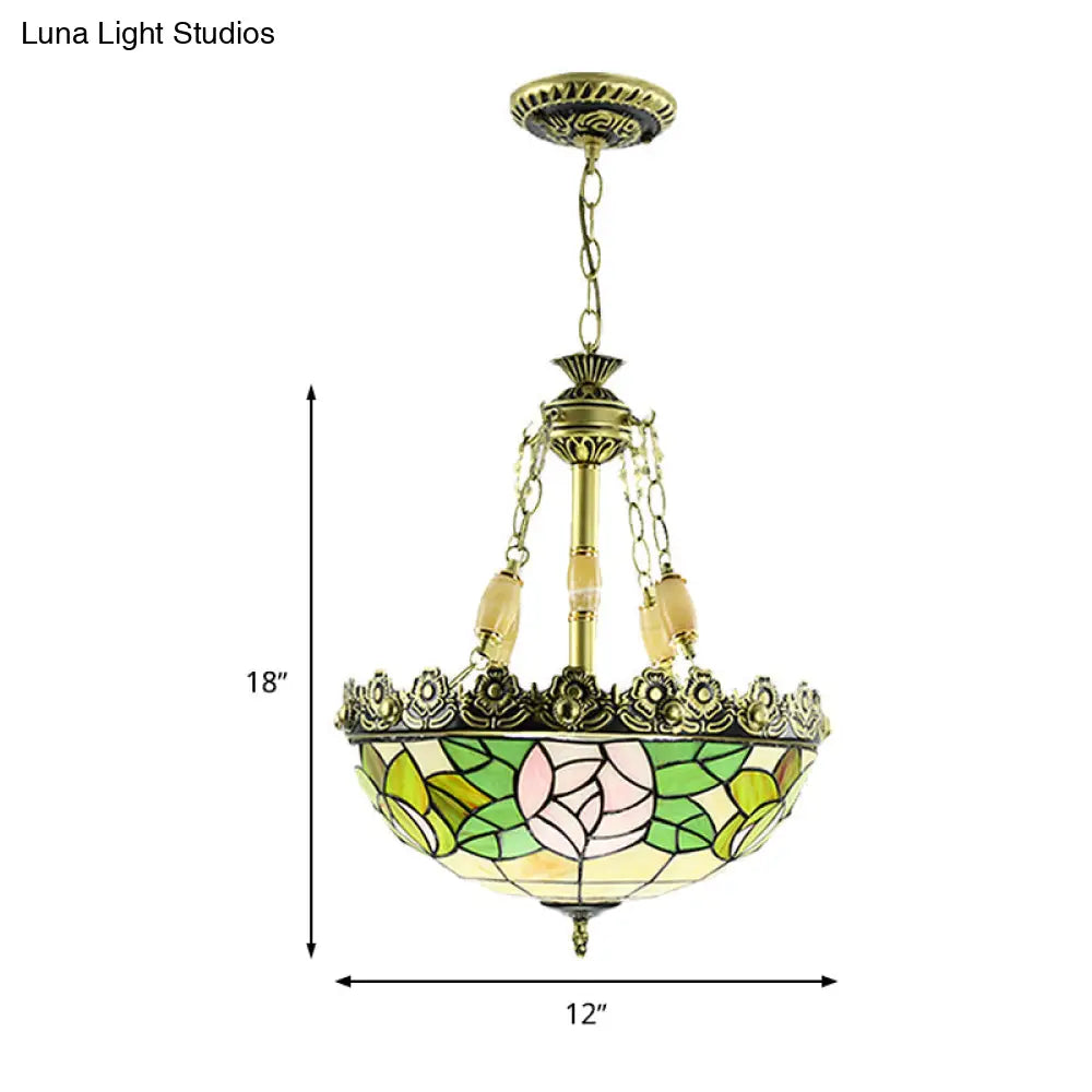 Sunflower/Rose Chandelier Pendant Light Kit - Stained Art Glass, 3/4 Lights, Red/Green - Bedroom Lighting