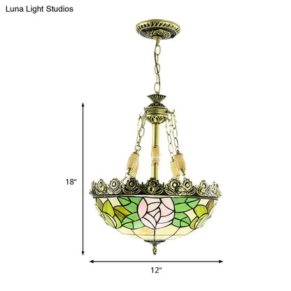 Sunflower/Rose Chandelier Pendant Light Kit - Stained Art Glass, 3/4 Lights, Red/Green - Bedroom Lighting