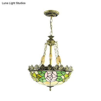 Sunflower/Rose Chandelier Pendant Light Kit - Stained Art Glass, 3/4 Lights, Red/Green - Bedroom Lighting