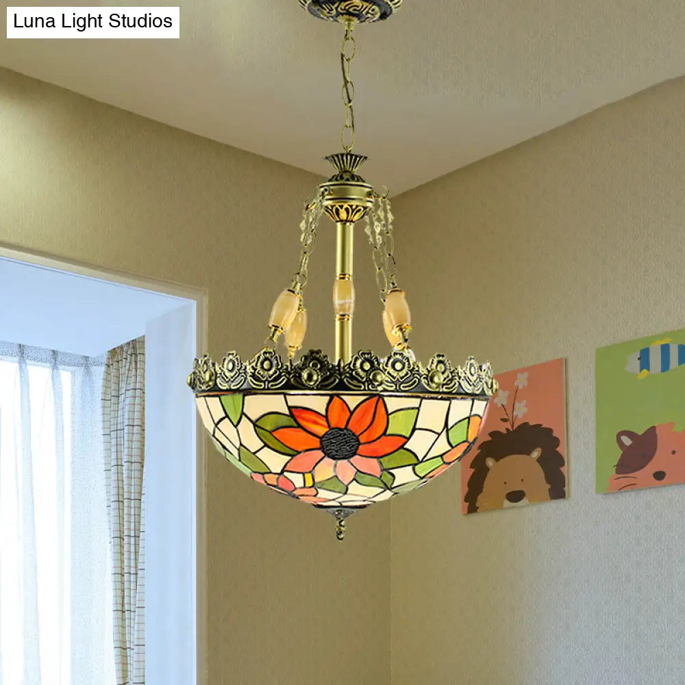 Sunflower/Rose Chandelier Pendant Light Kit - Stained Art Glass, 3/4 Lights, Red/Green - Bedroom Lighting