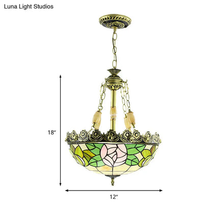 Sunflower/Rose Chandelier Pendant Light Kit - Stained Art Glass, 3/4 Lights, Red/Green - Bedroom Lighting
