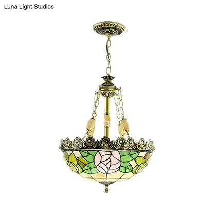 Sunflower/Rose Chandelier Pendant Light Kit - Stained Art Glass, 3/4 Lights, Red/Green - Bedroom Lighting