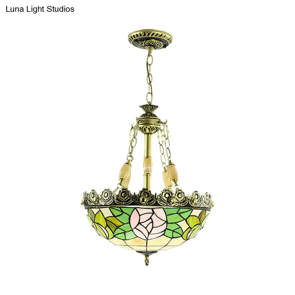 Sunflower/Rose Chandelier Pendant Light Kit - Stained Art Glass, 3/4 Lights, Red/Green - Bedroom Lighting