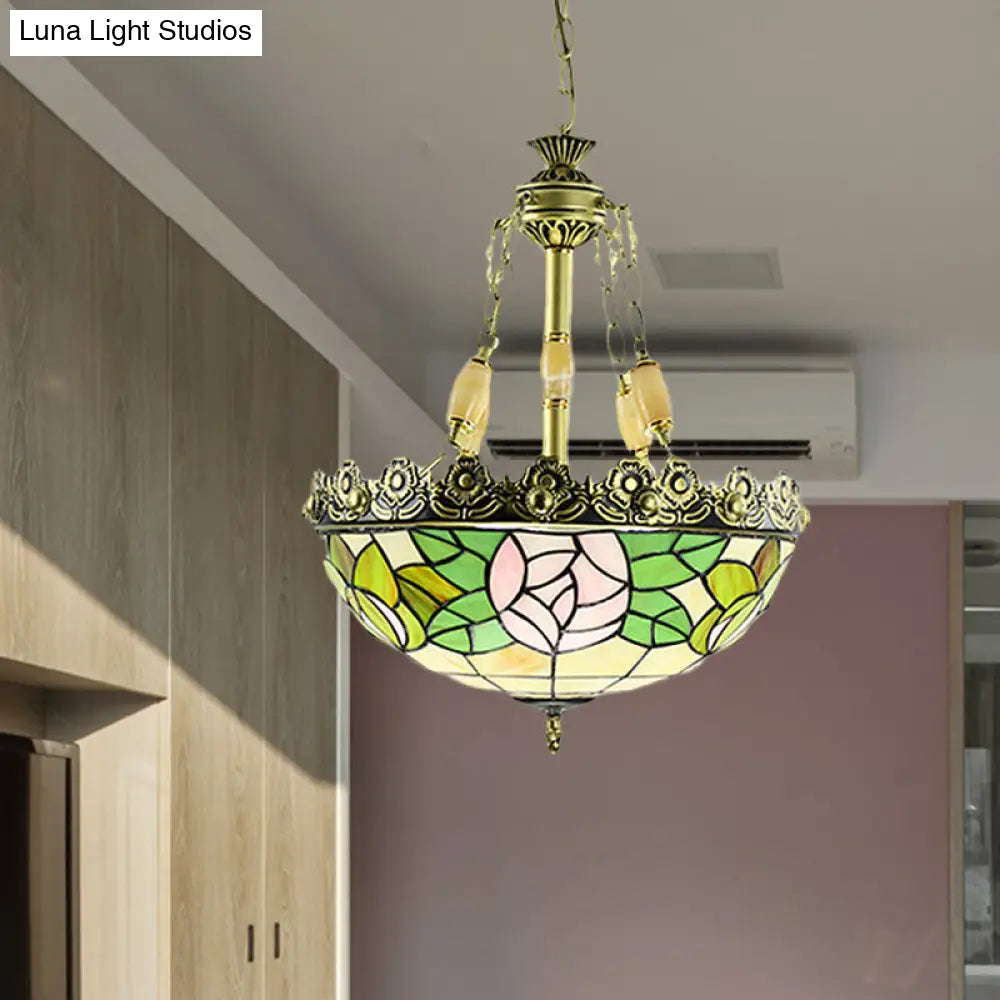 Sunflower/Rose Chandelier Pendant Light Kit - Stained Art Glass, 3/4 Lights, Red/Green - Bedroom Lighting