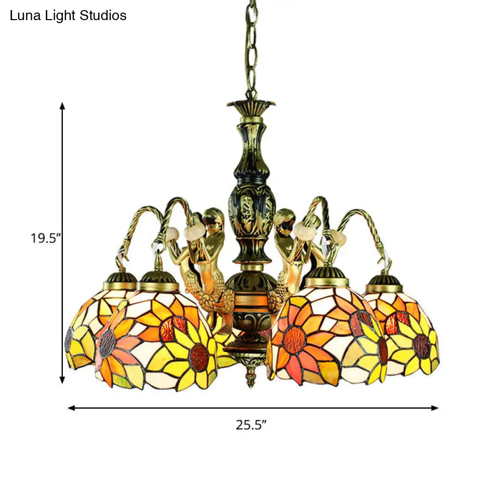 Sunflower Stained Art Glass Pendant Lamp - Tiffany Chandelier with Mermaid Deco - 5 Lights