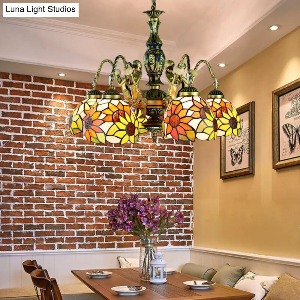 Sunflower Stained Art Glass Pendant Lamp - Tiffany Chandelier with Mermaid Deco - 5 Lights