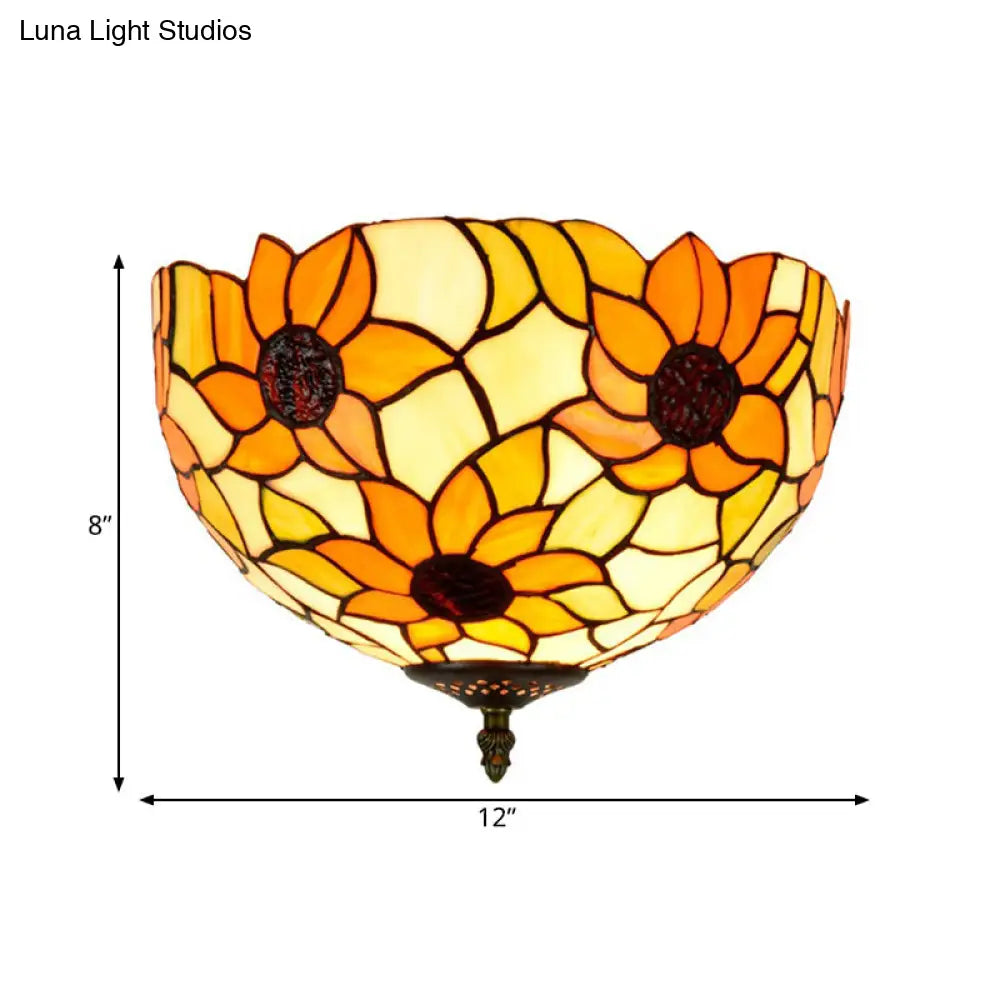 DecorBites™ DecorBites™ Sunflower Stained Glass Ceiling Fixture - Tiffany 2/3 Lights - Yellow & Green - Flushmount Lamp, 12"/16" W